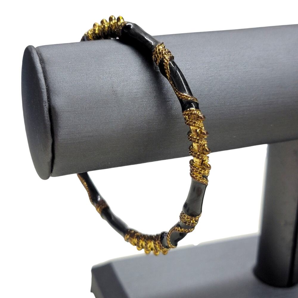 Vintage Black Gold Bamboo Bangle Bracelet Wire Wrapped Beaded Boho Deco